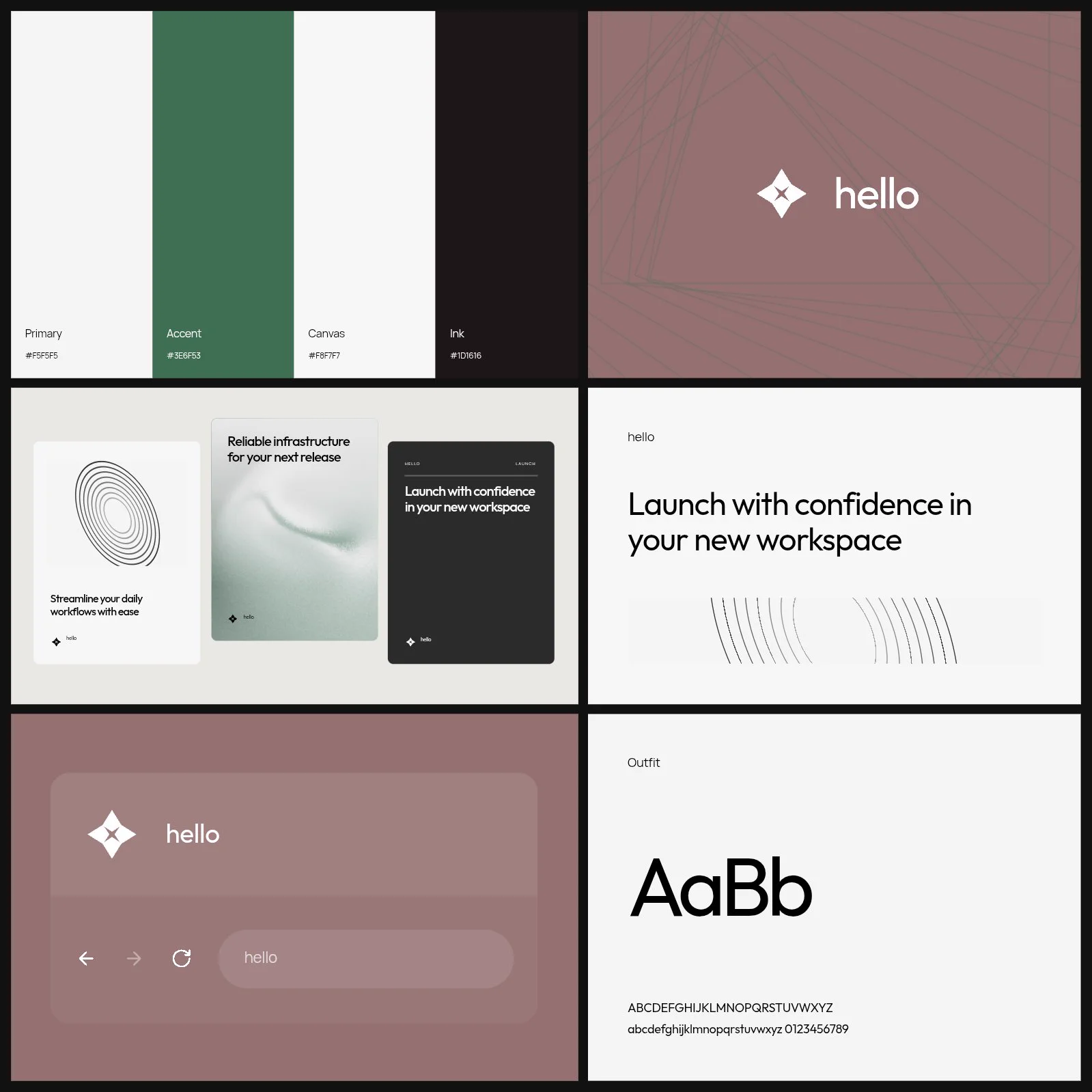 A brand identity generated with Glyph: logo, colour palette, typography, business cards, and a website preview.